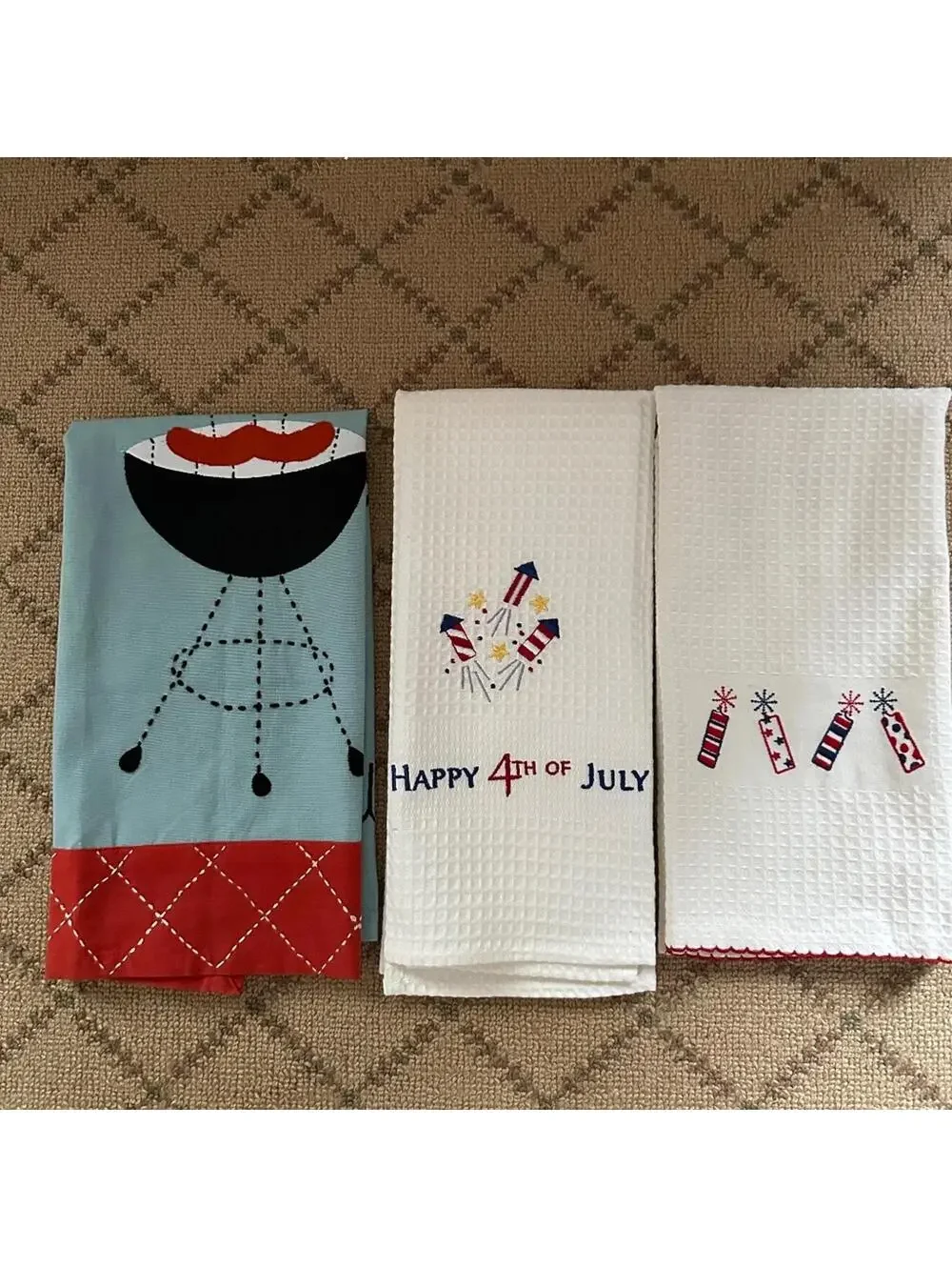 Sur La Table Embroidered Appliqué BBQ Time Tea Towel w 2 firecracker dish towels